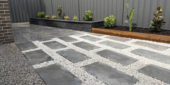 Coastal Stone 800 Steel Paving | Versawall with bullnose Garden Wall Charcoal | Rosewall Landscaping2