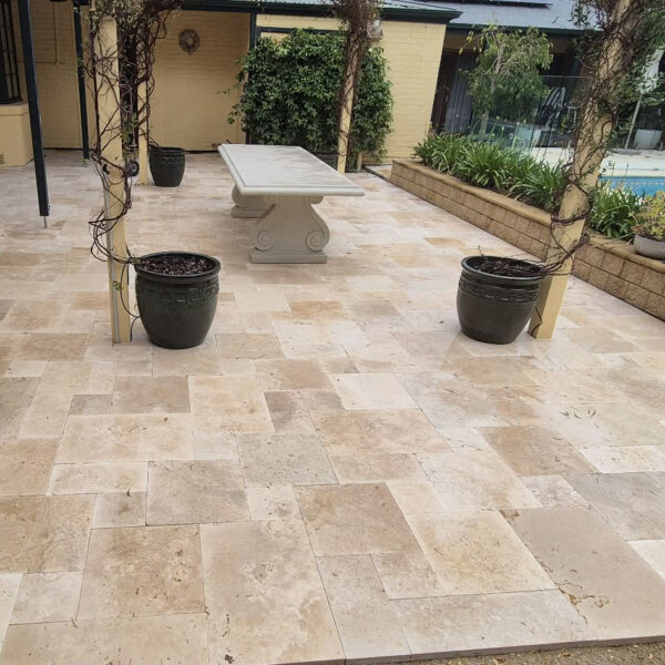 Classic Cream Travertine French Pattern | Precise Landscaping & Earthworths3